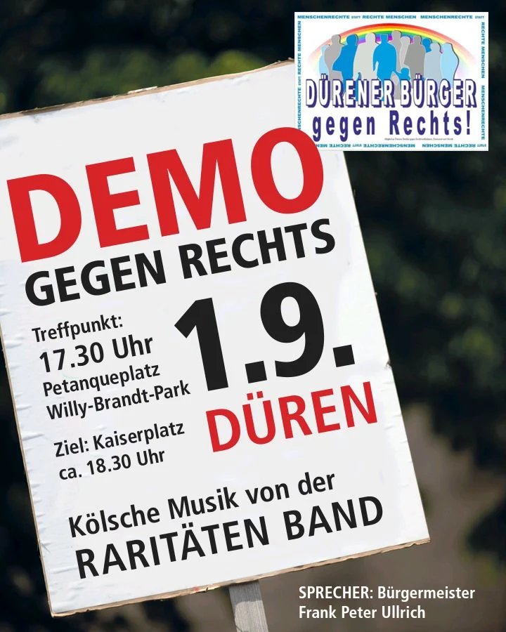 Aufruf zur Demo der Dürener Bürger gegen Rechts am 1. September